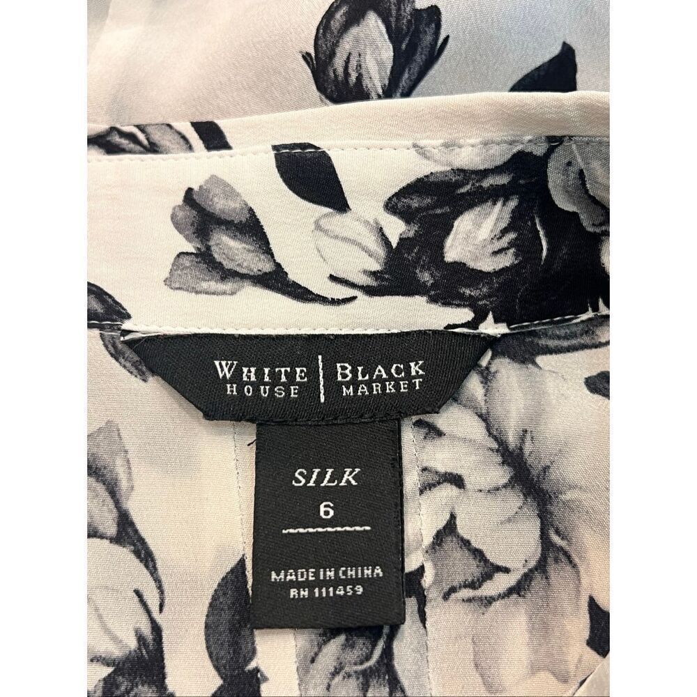 White House Black Market Women's Silk Floral Button Up Blouse Black White Size 6 - Picture 6 of 7